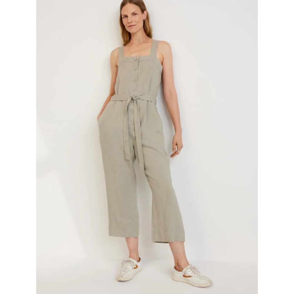 Everlane 100% Linen Picnic Jumpsuit Seagrass Beige Cropped Tie Waist Wide Leg 2